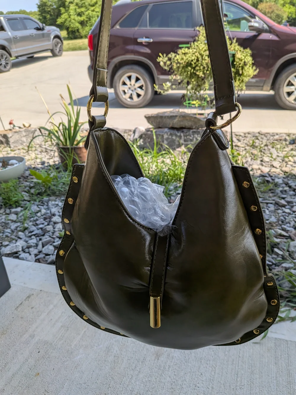Vintage Olive Green Hobo Shoulder Bag - With Gold Turn Lock And Studs